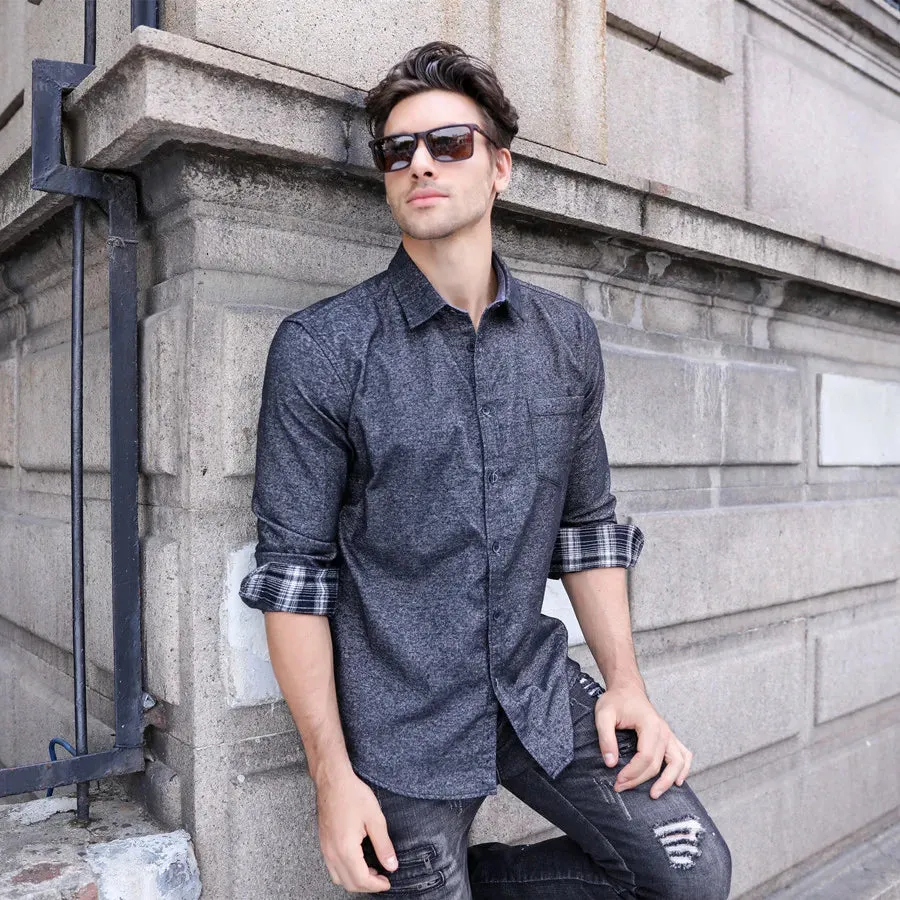 100% Cotton Men Shirts Solid Color Single Pocket Long Sleeve Bussiness Shirts for Men High Quality Washed Shirts Men