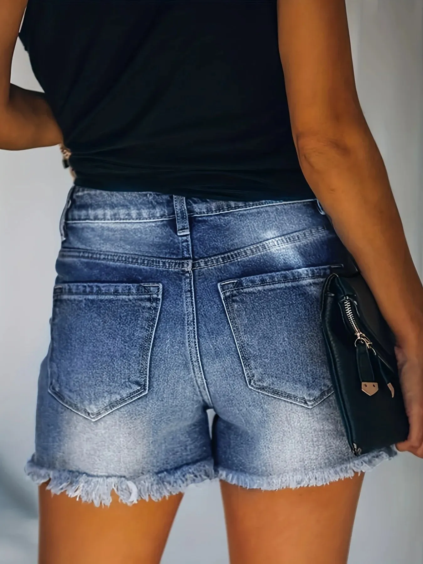 Amy Fashion - Blue Frayed Hem Denim Shorts Ripped Holes Slash Pockets Short Denim Jean