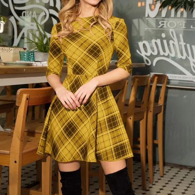 Amy Fashion - Christmas Novelty Slim Sexy Plaid Jacket Patchwork Half Sleeve Dress