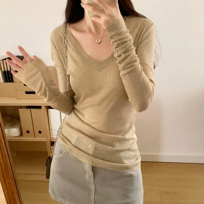 Autumn Sexy Classic V-neck Knitted Female T-shirts New Elastic Fashion Slim Simple Casual Pure Color Long Sleeves Women T-shirts