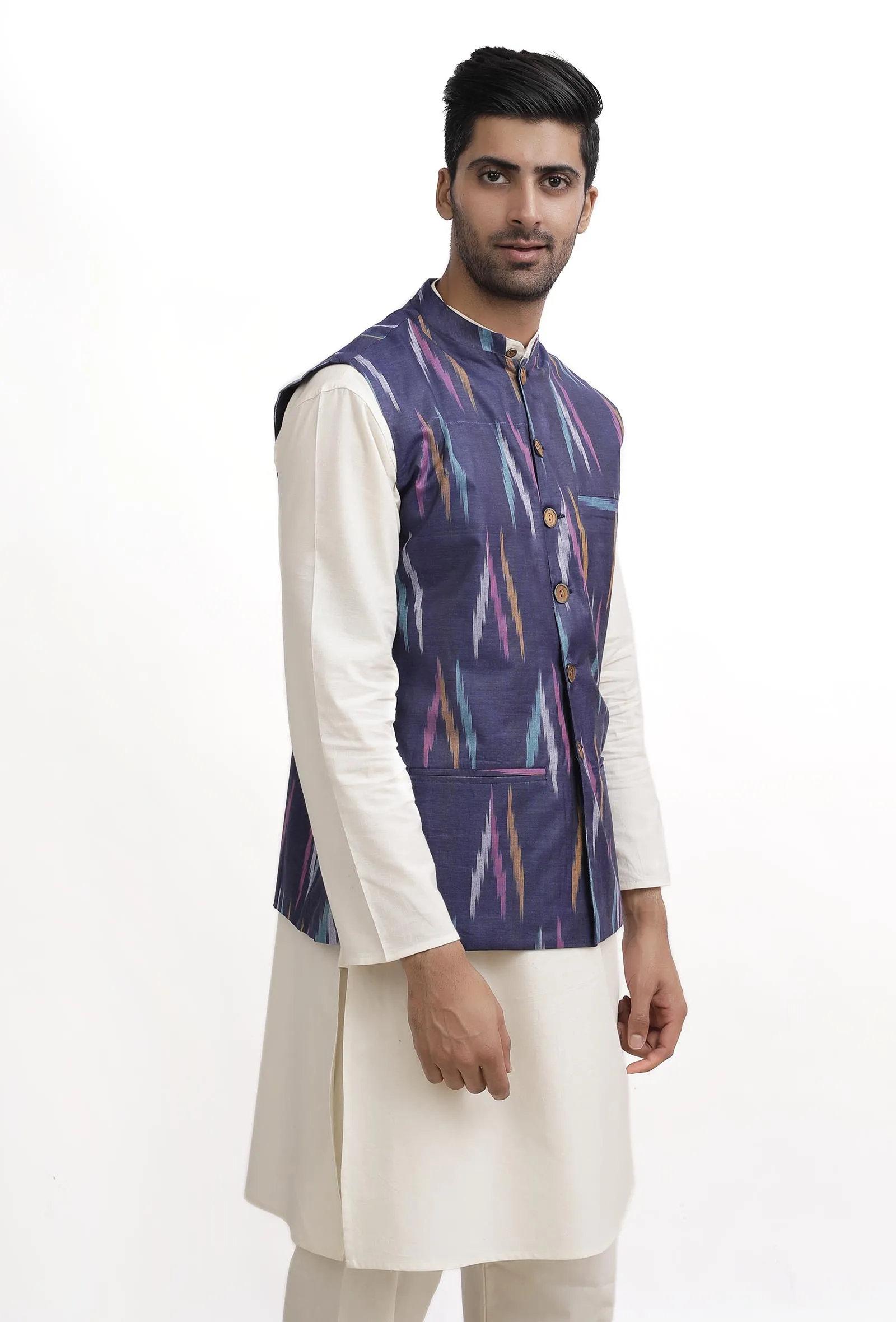 Azure Blue Ikat Nehru Jacket