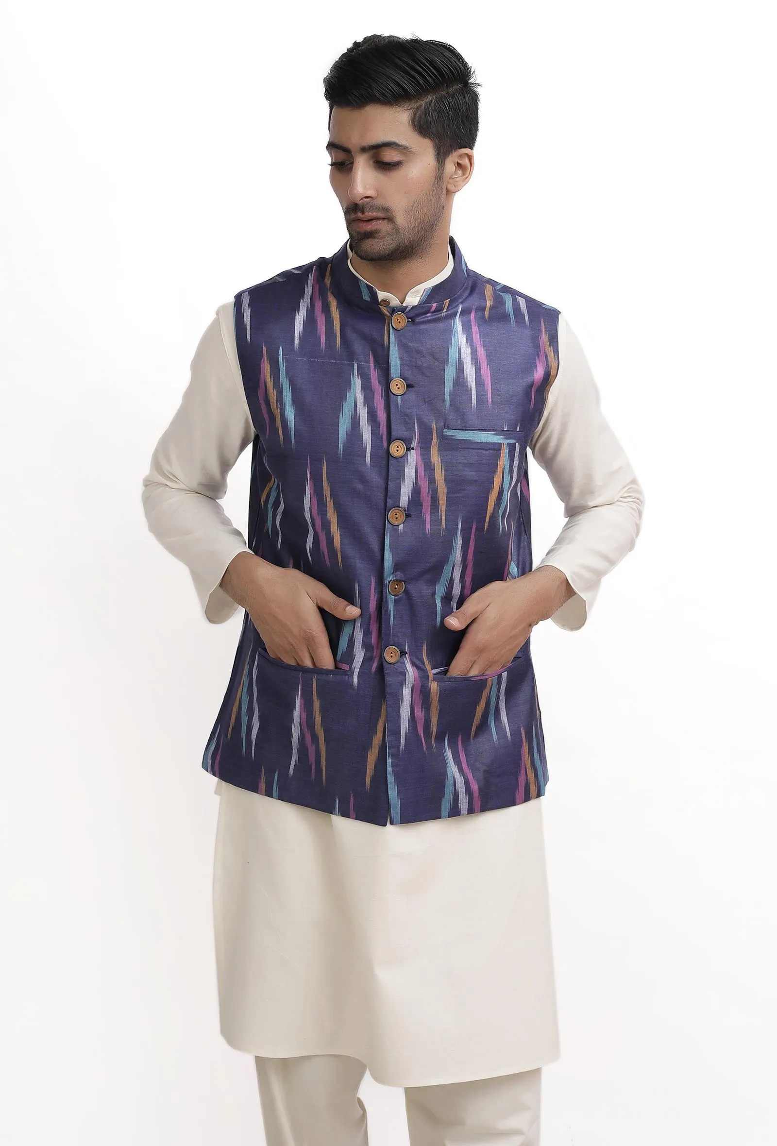 Azure Blue Ikat Nehru Jacket