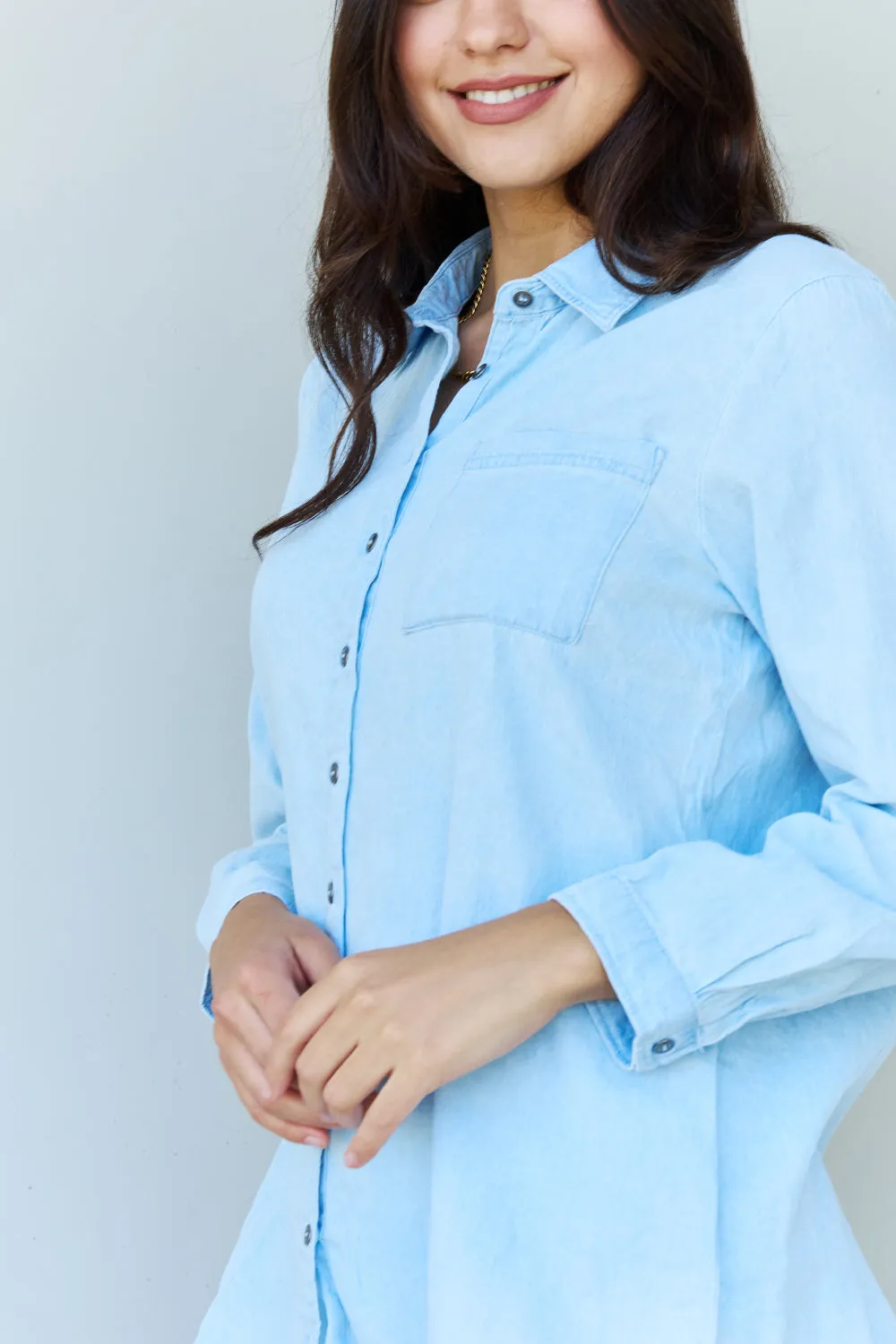 Baby Denim Button Down Shirt Top in Light Blue