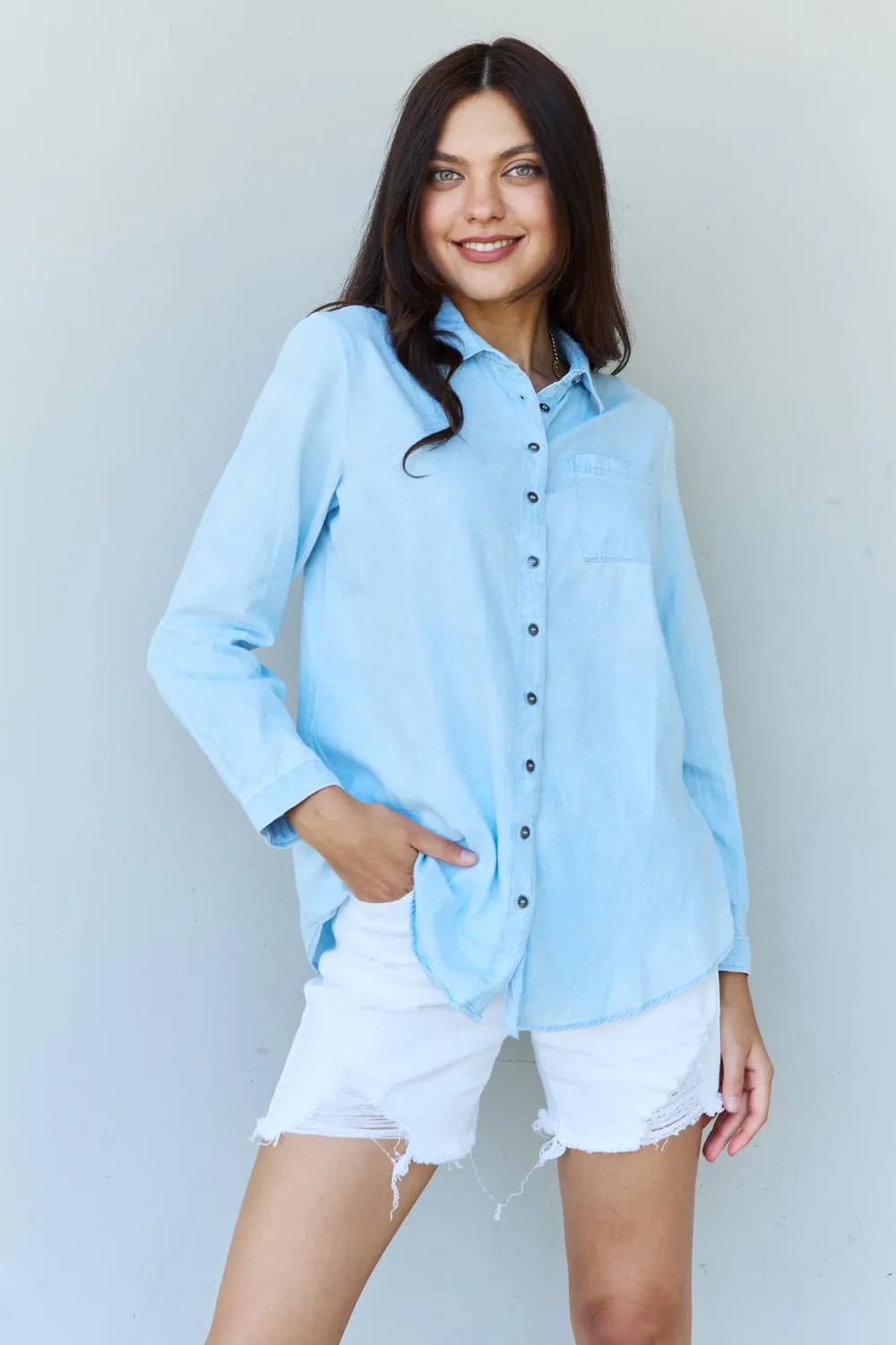 Baby Denim Button Down Shirt Top in Light Blue