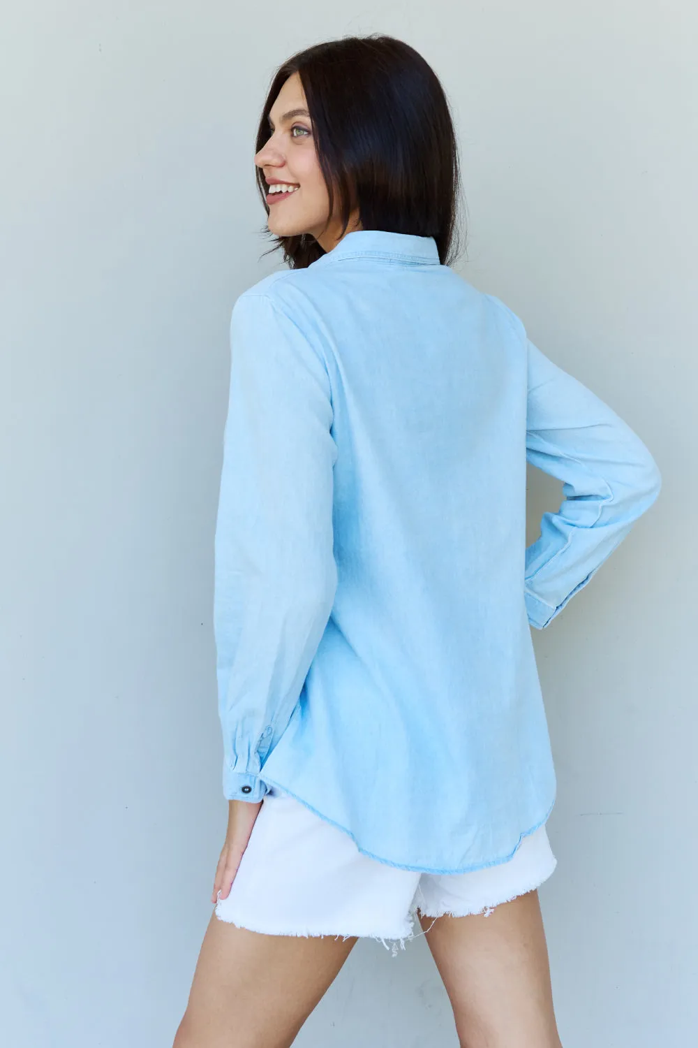 Baby Denim Button Down Shirt Top in Light Blue