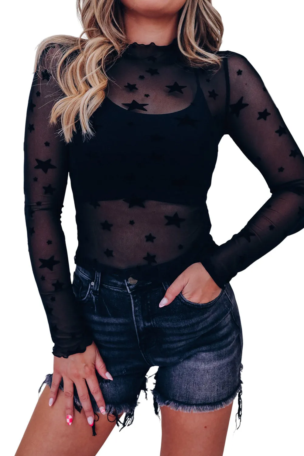 BerryBetty - Black Star Embellished Sheer Mesh Long Sleeve Top