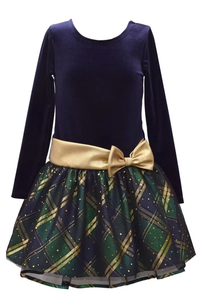 Bonnie Jean Long Sleeve Christmas Dress Navy Velvet and Green Tartan Plaid Skirt - Sz 14