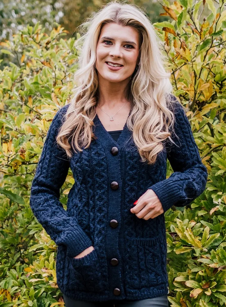 British Wool Long Aran Cardigan with Leather Buttons