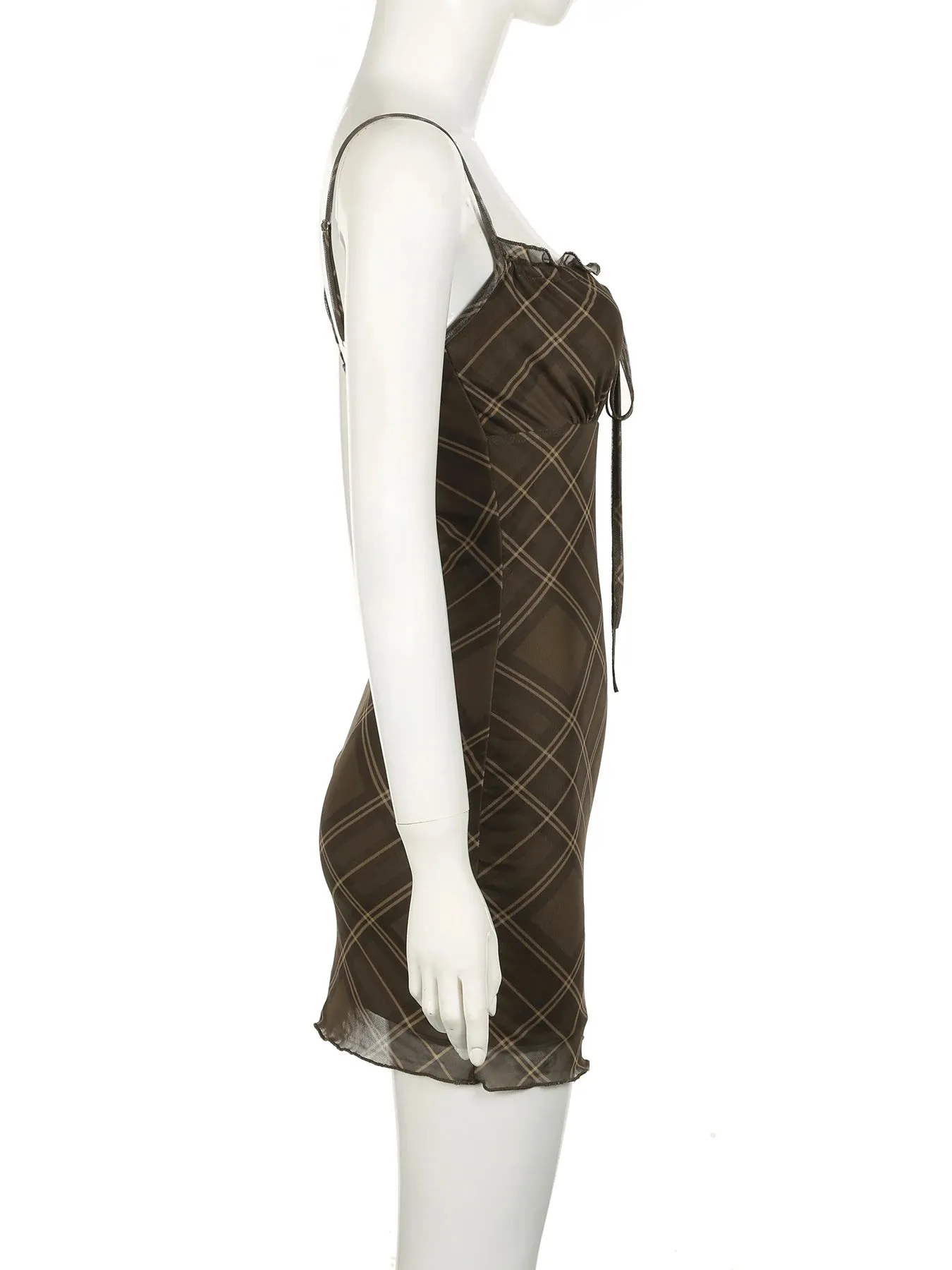 Brown Slim Plaid Mesh Bodycon Dress