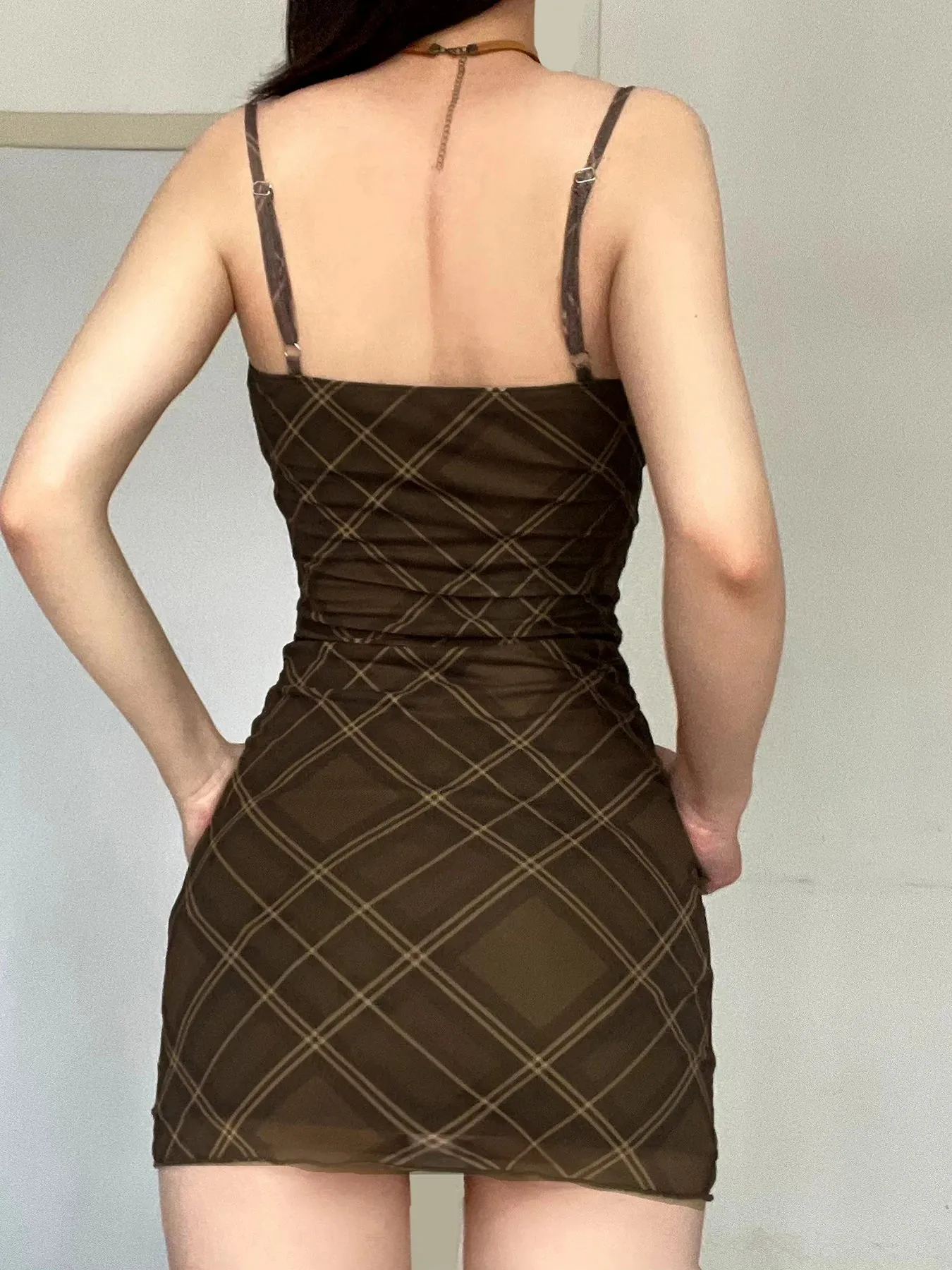 Brown Slim Plaid Mesh Bodycon Dress