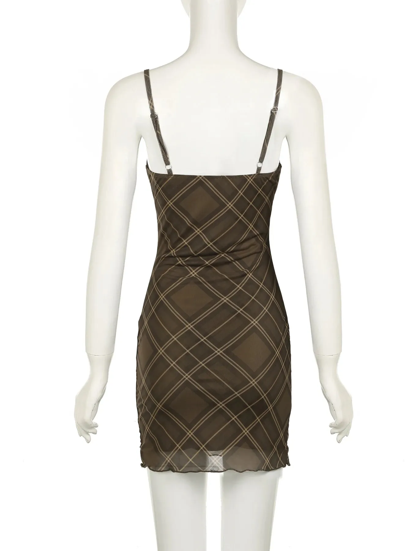 Brown Slim Plaid Mesh Bodycon Dress