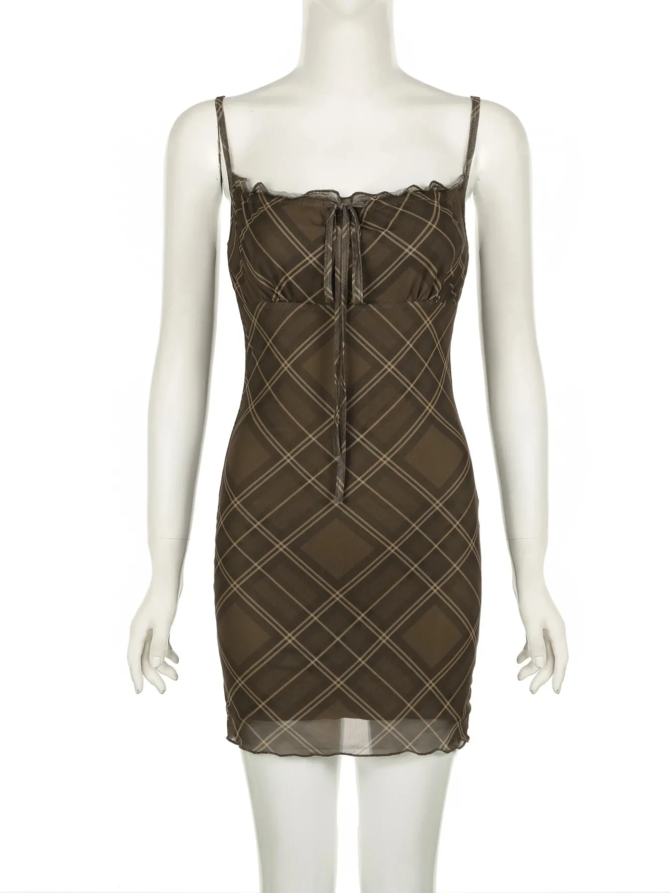 Brown Slim Plaid Mesh Bodycon Dress