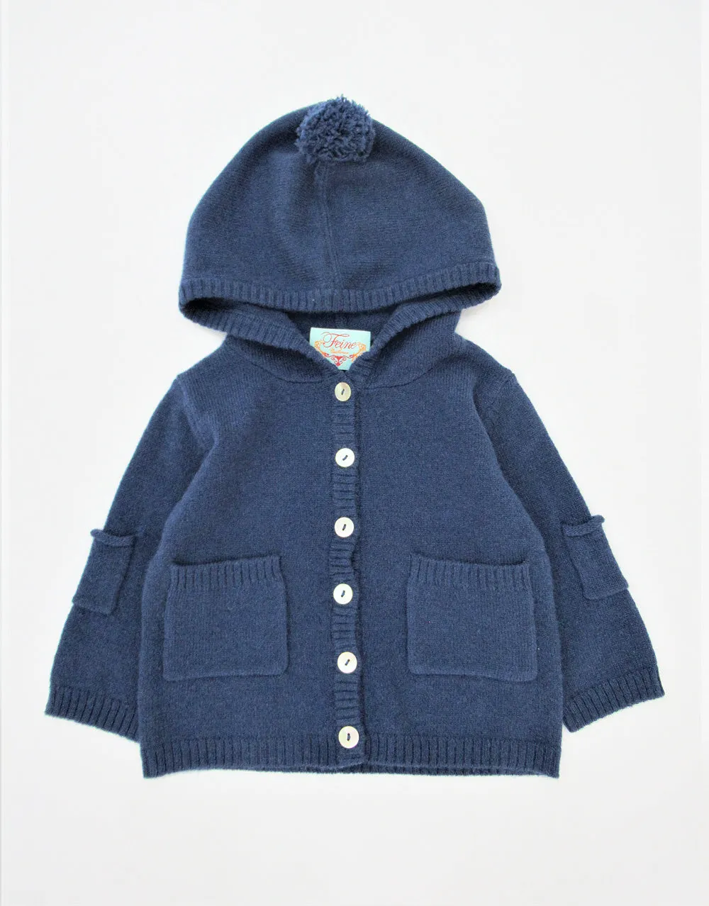 Cashmere Hooded Baby Cardigan in Prussian Navy