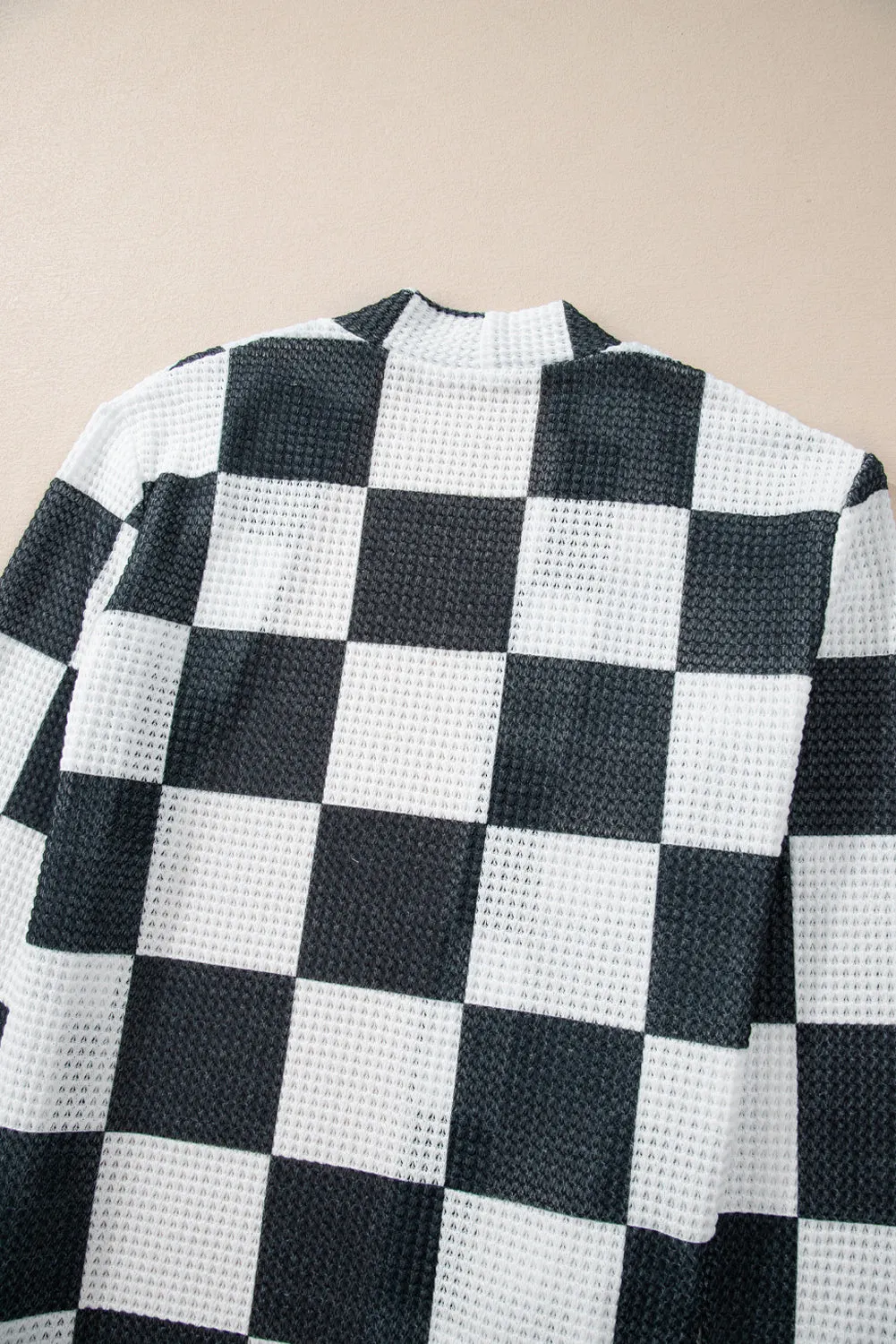 Checkered Waffle Knit Thumbhole Open Front Cardigan