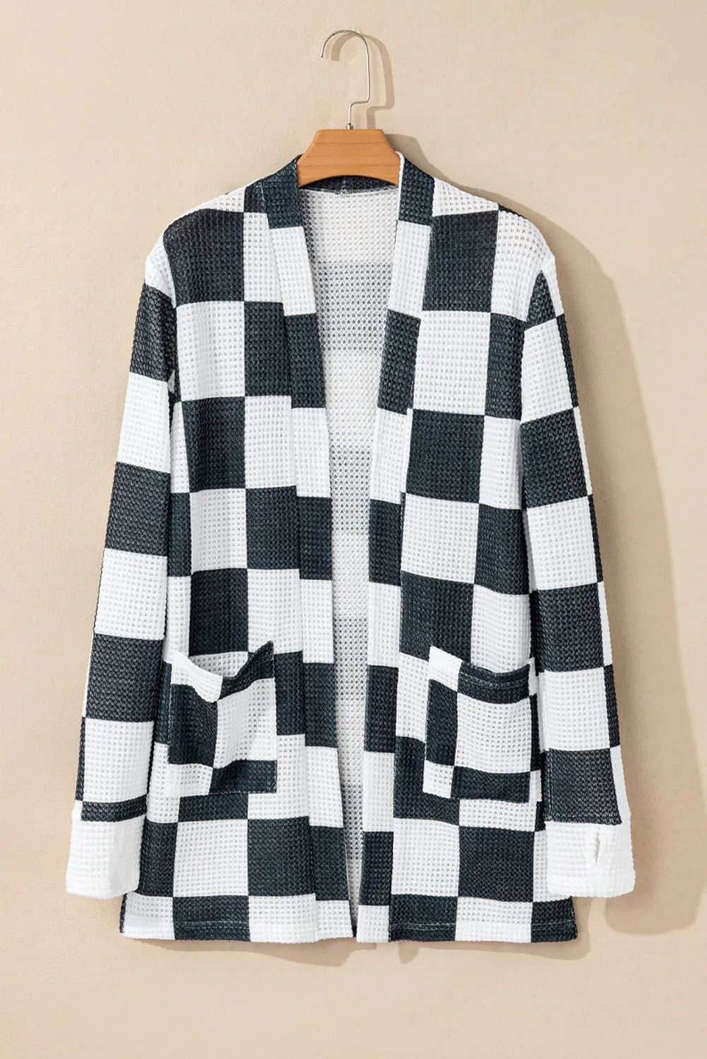 Checkered Waffle Knit Thumbhole Open Front Cardigan