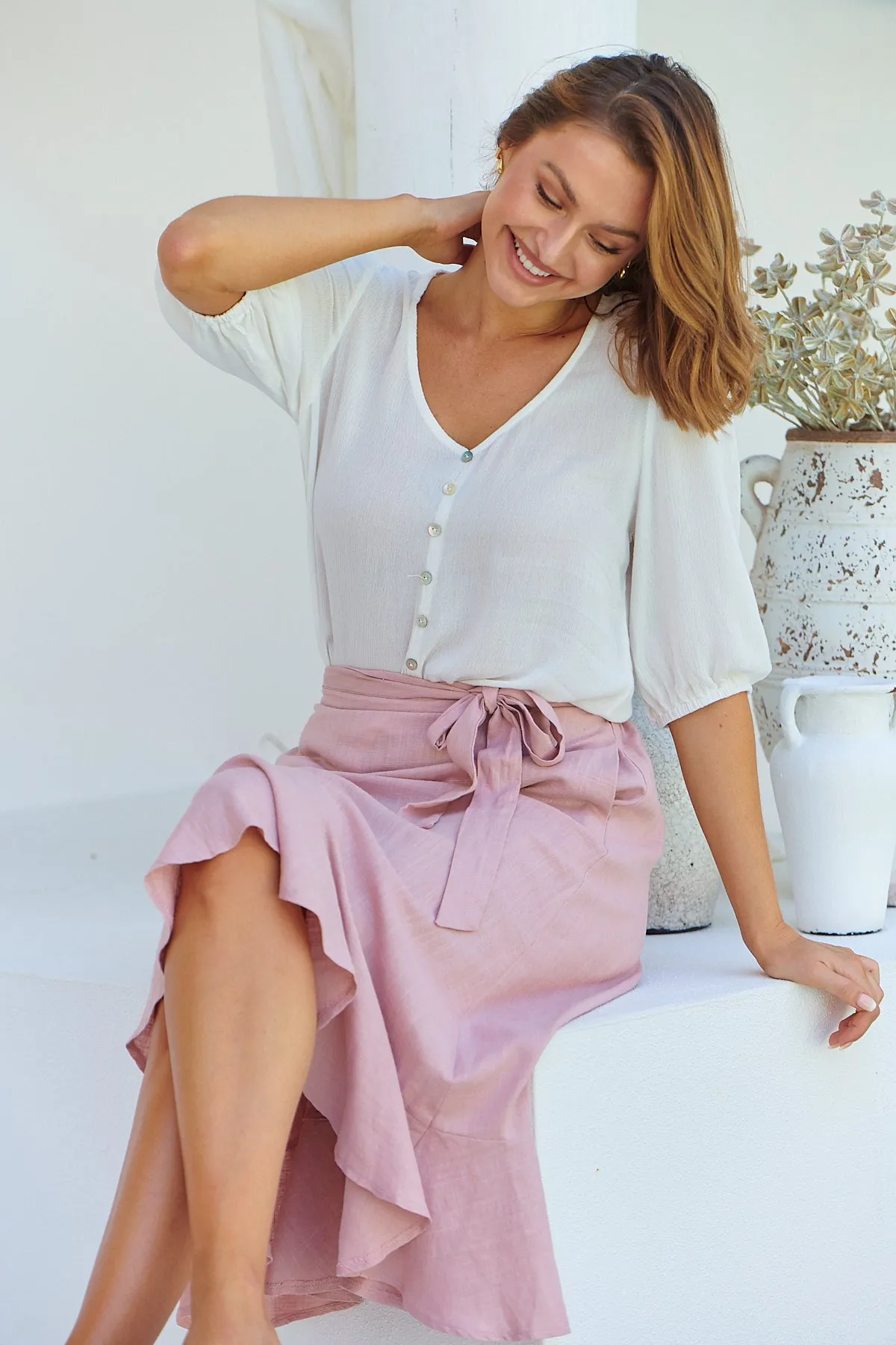 Ciri Pink Tie Waist Midi Linen Skirt