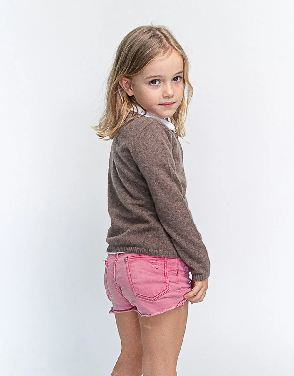 Classic Girls Crew Neck Cashmere Cardigan in Nut