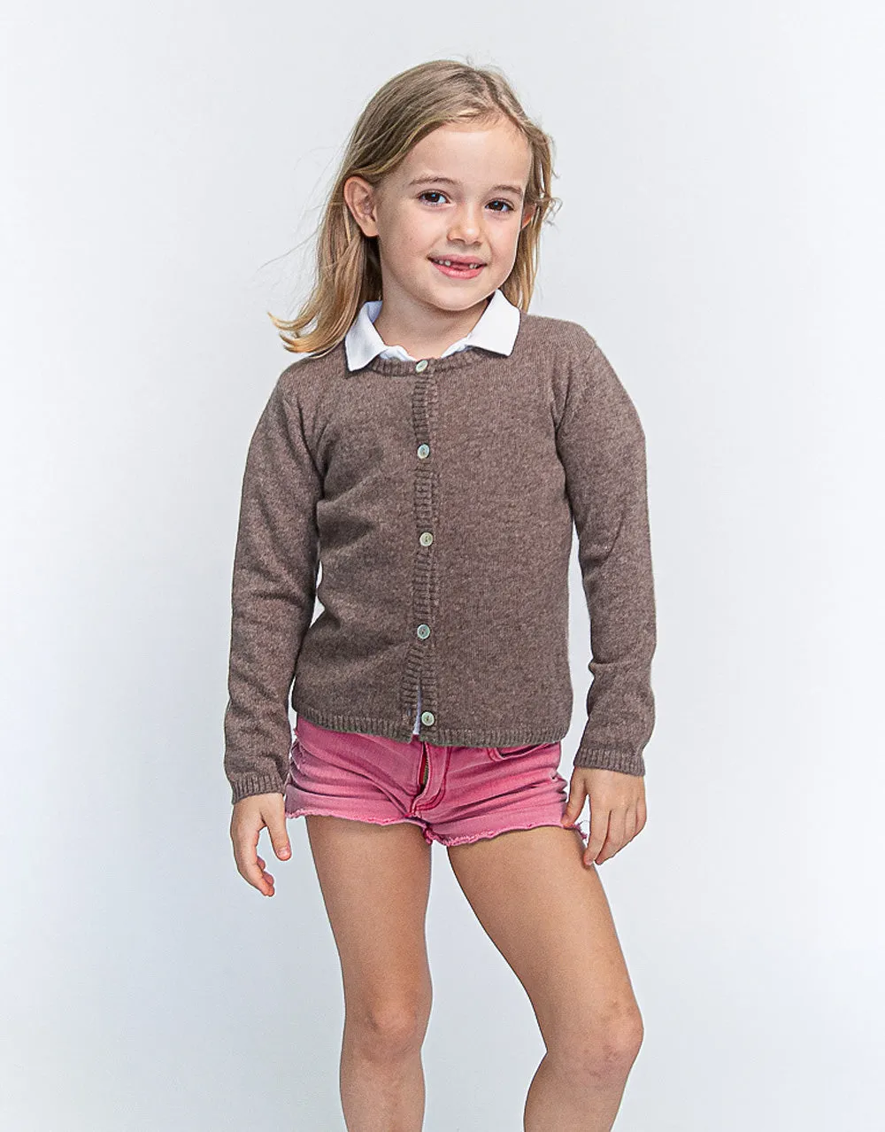 Classic Girls Crew Neck Cashmere Cardigan in Nut