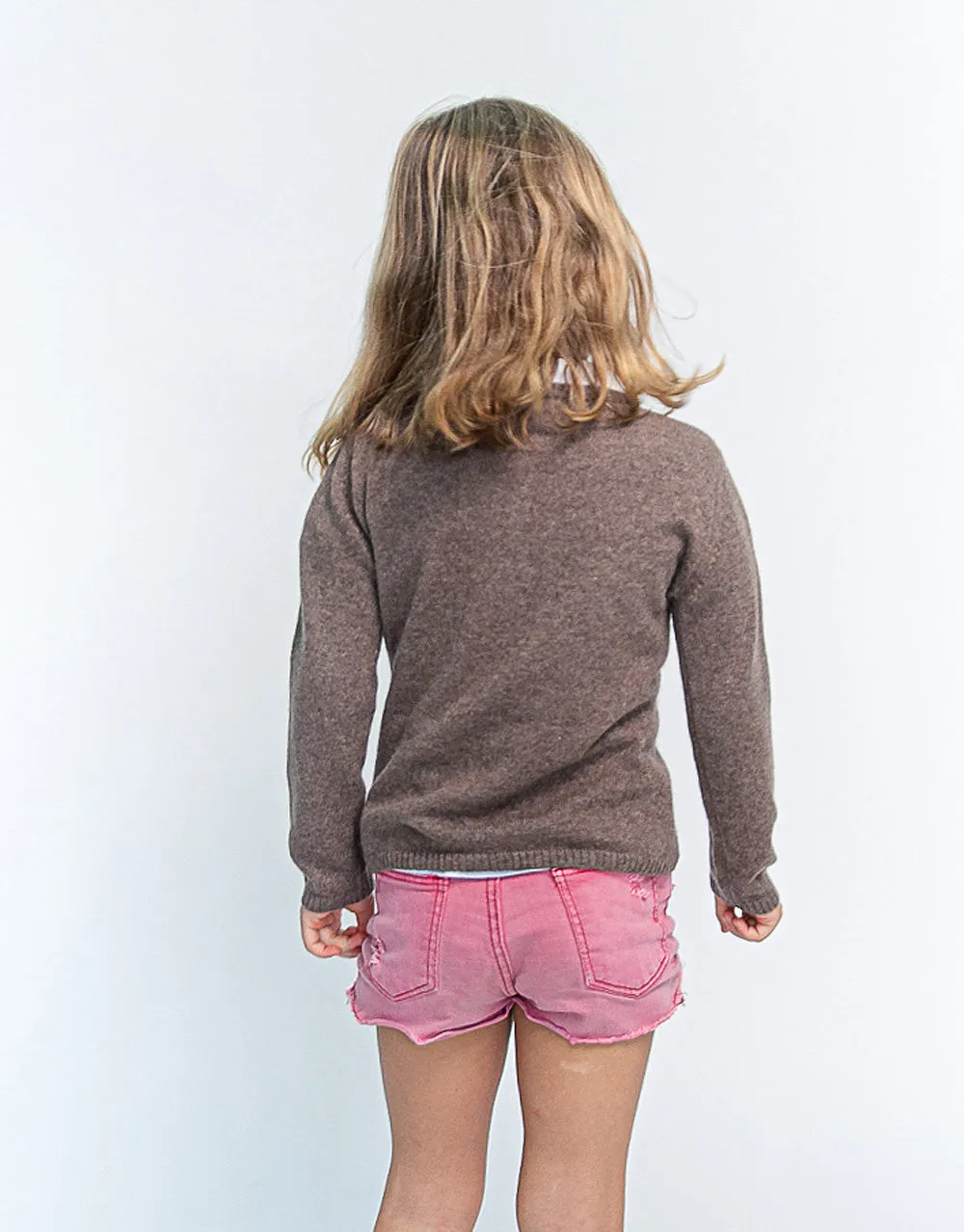 Classic Girls Crew Neck Cashmere Cardigan in Nut