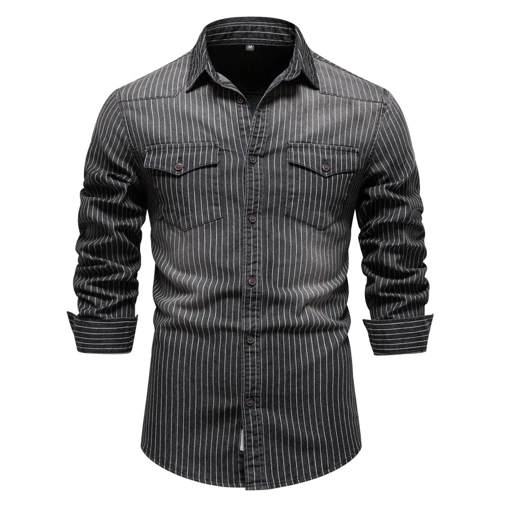 Cotton Men Denim Shirts Striped Stretch Long Sleeve High Quality Jeans Shirts for Men Casual Slim Cowboy Shirts Man