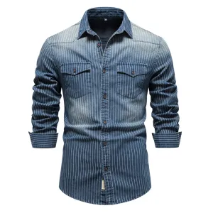 Cotton Men Denim Shirts Striped Stretch Long Sleeve High Quality Jeans Shirts for Men Casual Slim Cowboy Shirts Man