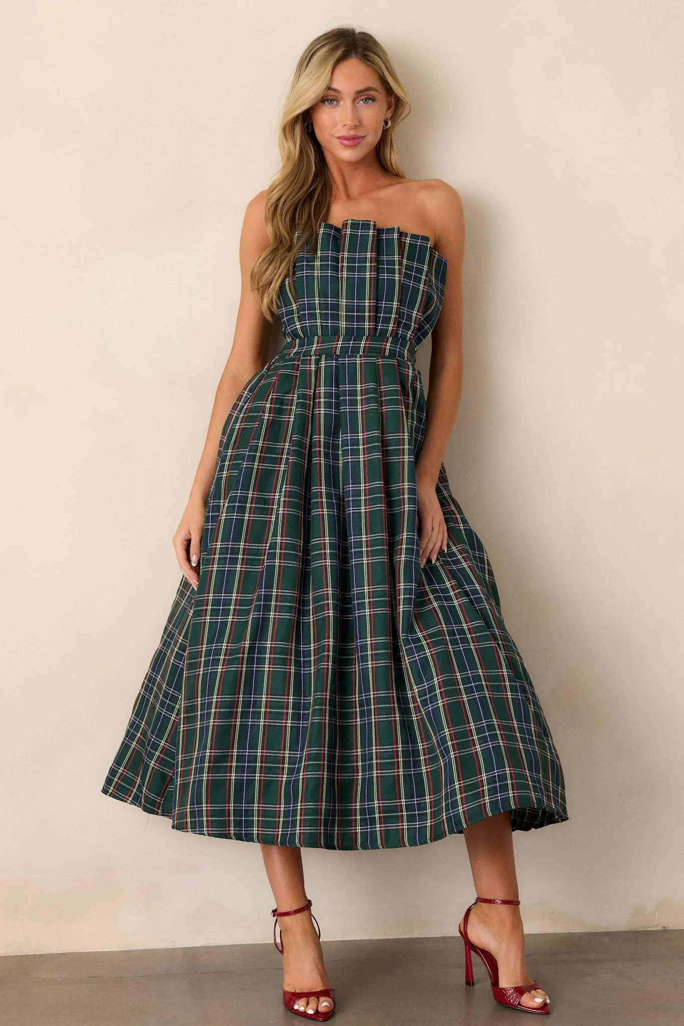 Crystal Dreams Green Plaid Strapless Midi Dress