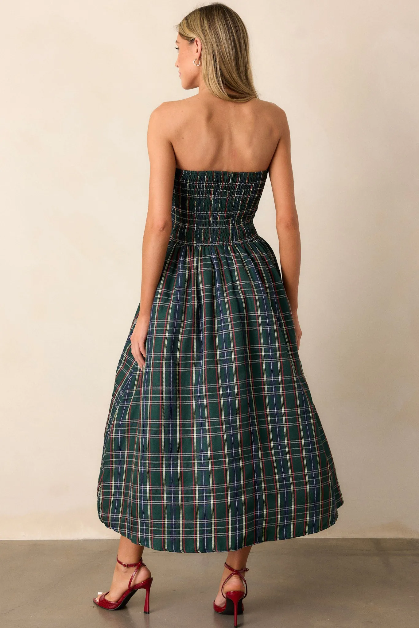 Crystal Dreams Green Plaid Strapless Midi Dress