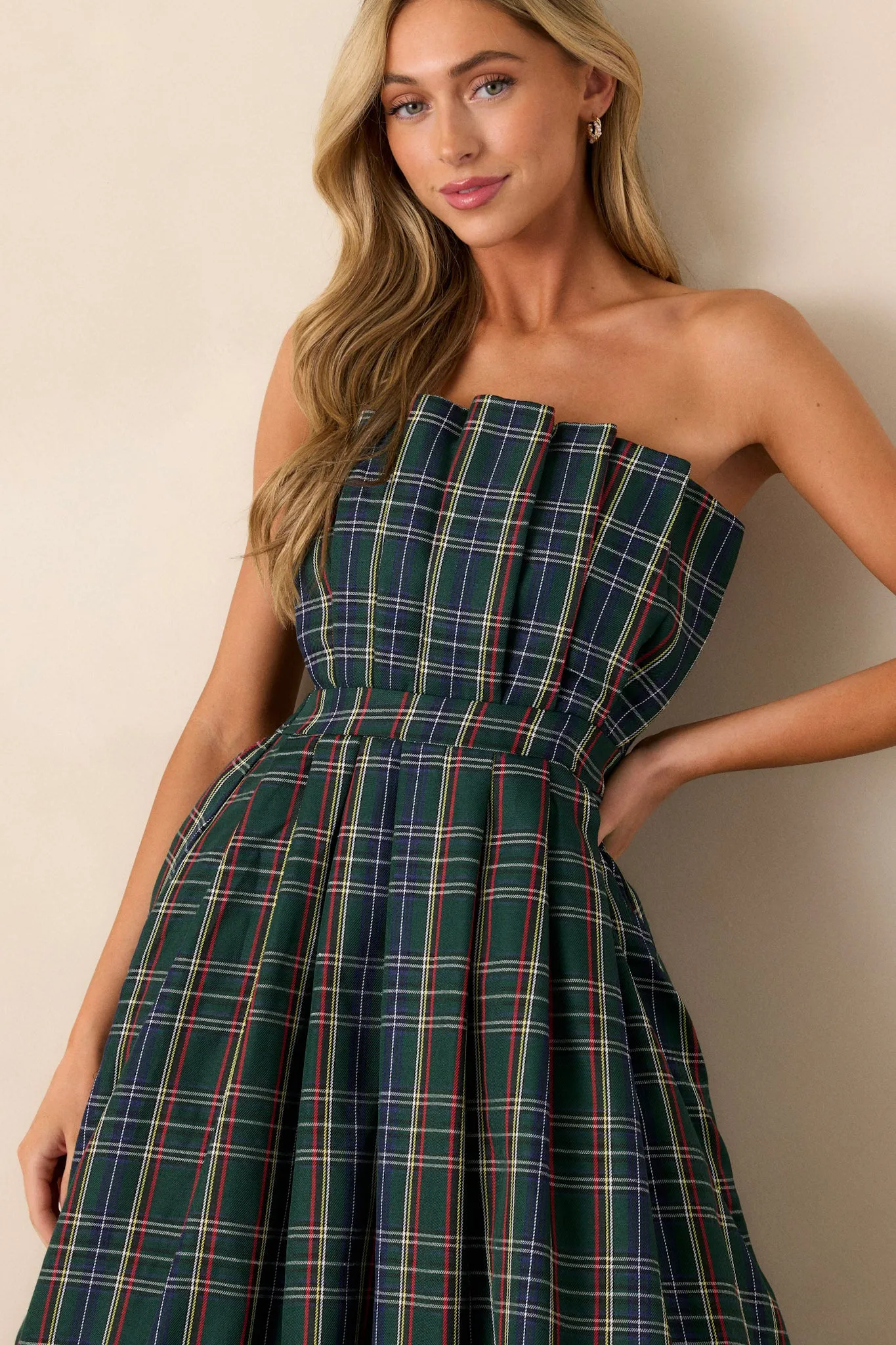 Crystal Dreams Green Plaid Strapless Midi Dress