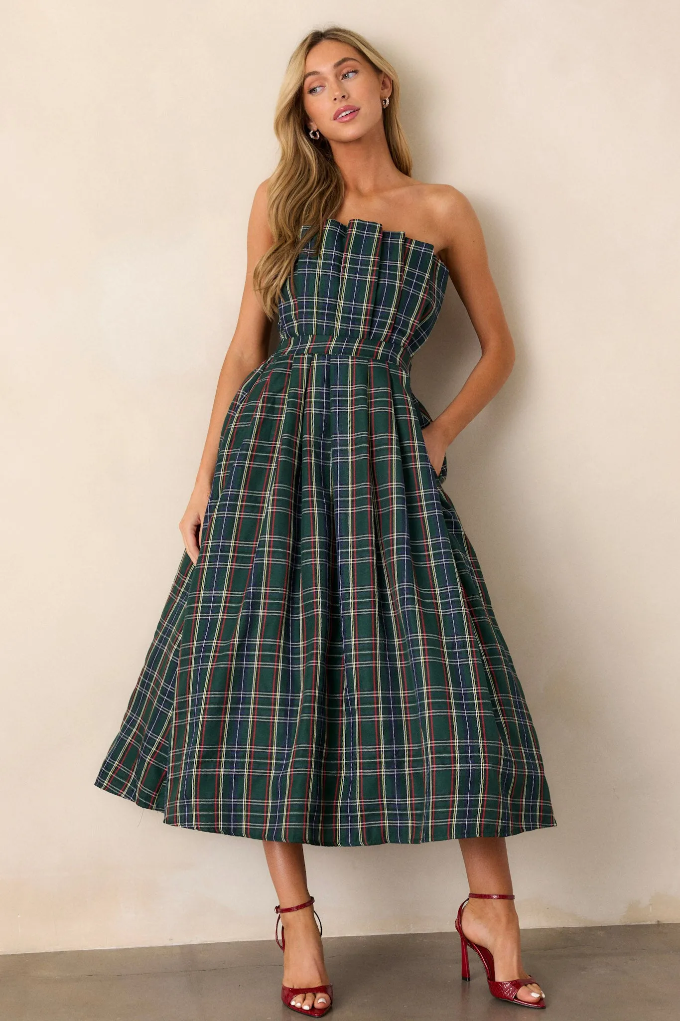 Crystal Dreams Green Plaid Strapless Midi Dress