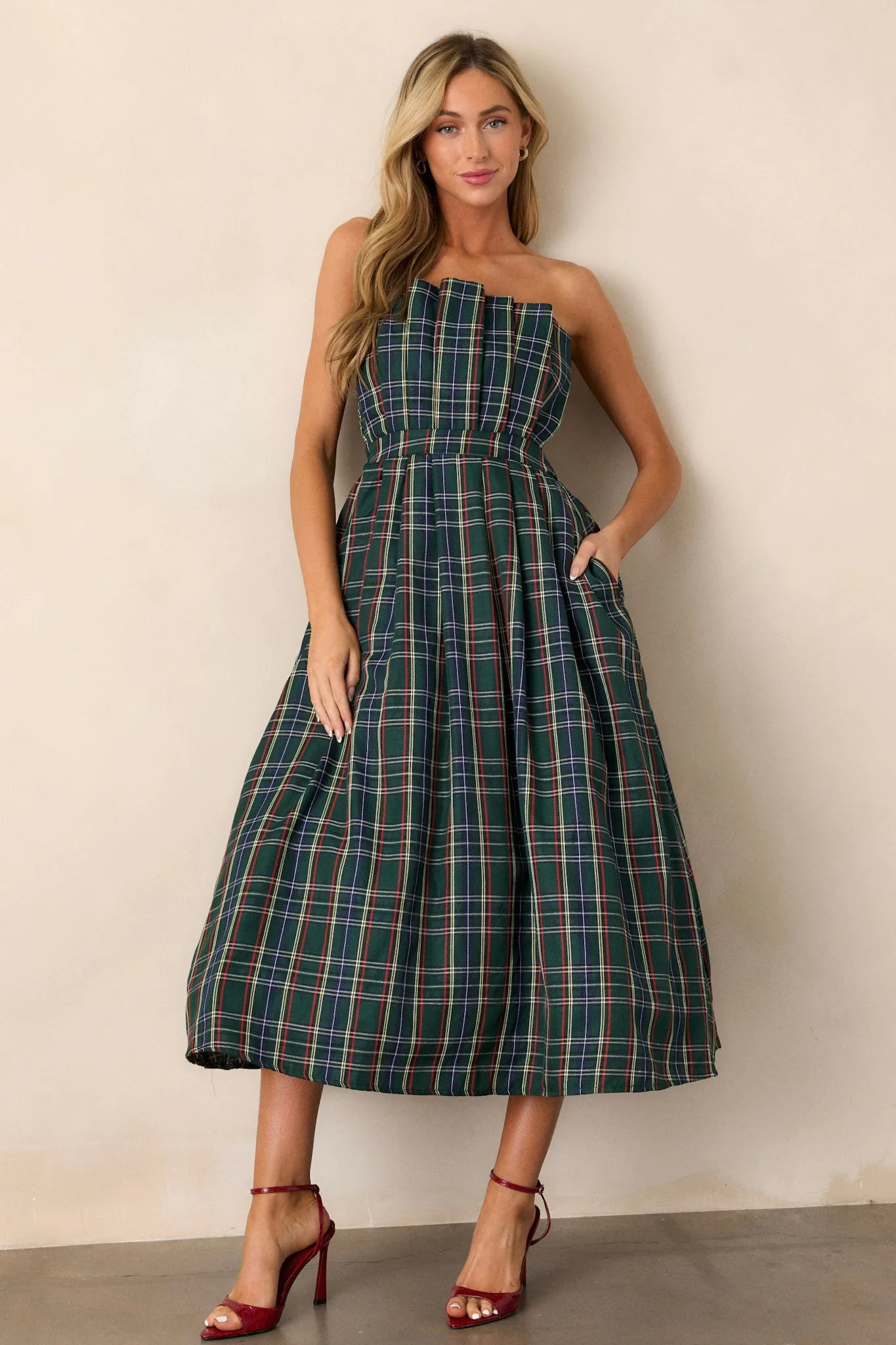 Crystal Dreams Green Plaid Strapless Midi Dress