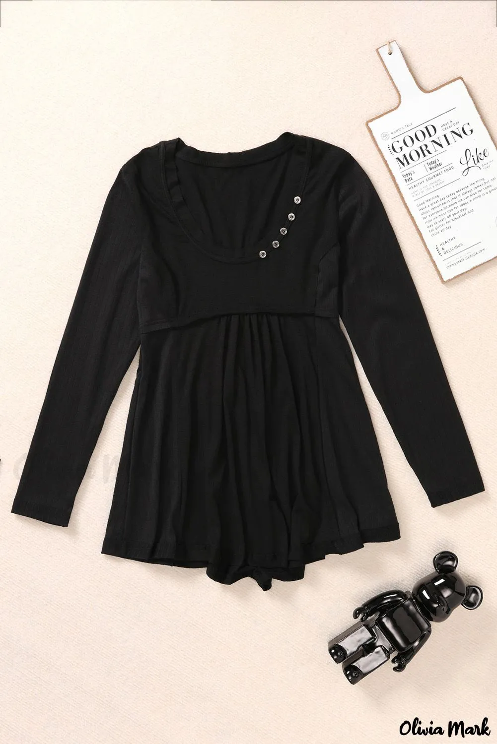 Deanwangkt - Black Babydoll Blouse with Long Sleeves and Solid Color Buttons