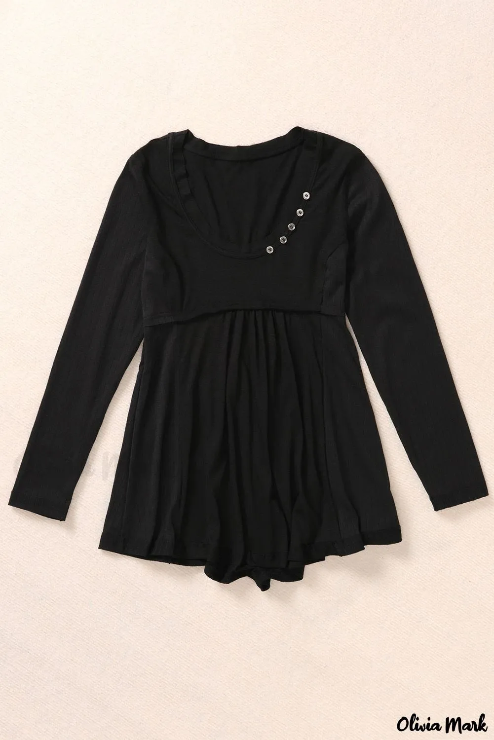 Deanwangkt - Black Babydoll Blouse with Long Sleeves and Solid Color Buttons