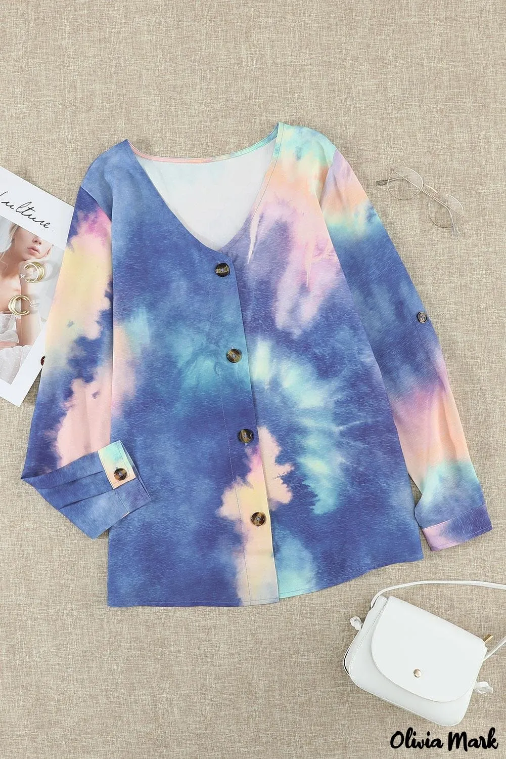 Deanwangkt - Blue Tie-Dye Long Sleeve V-Neck Blouse With Button Closure