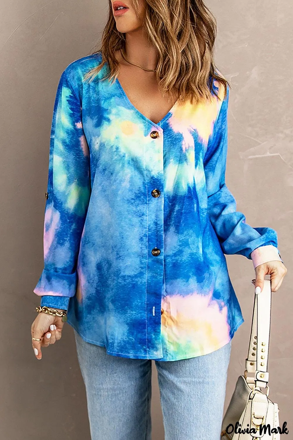 Deanwangkt - Blue Tie-Dye Long Sleeve V-Neck Blouse With Button Closure