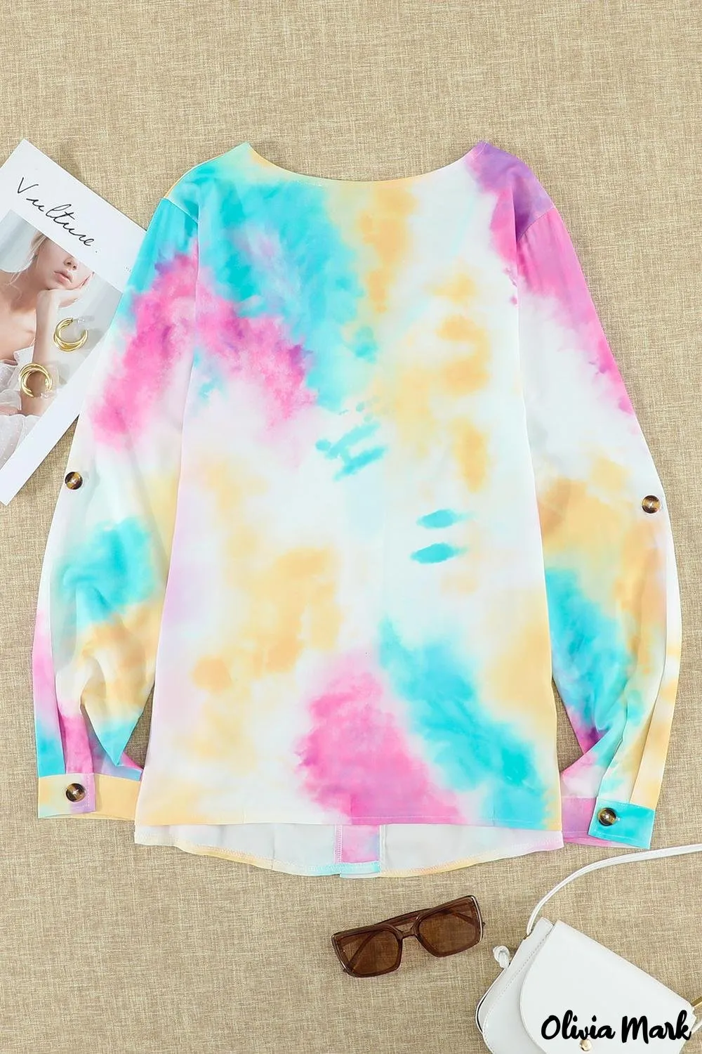 Deanwangkt - Blue Tie-Dye Long Sleeve V-Neck Blouse With Button Closure