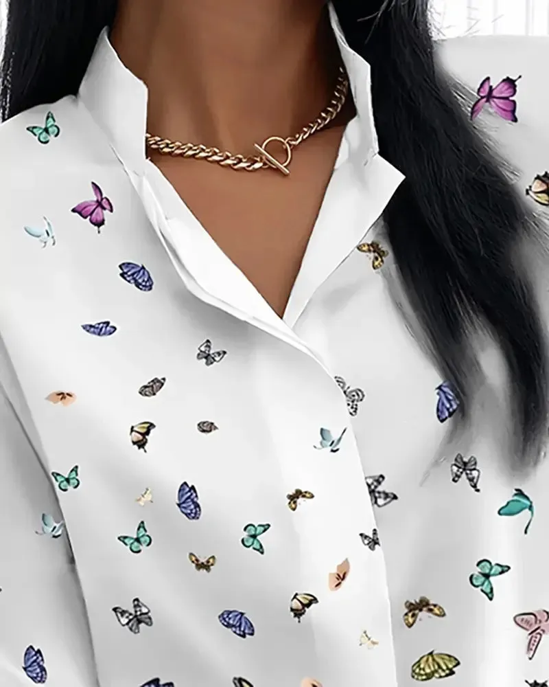 Deanwangkt - Casual Long Sleeve Butterfly Print Shirt