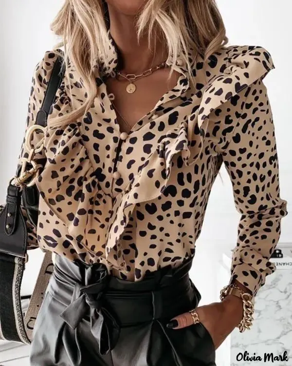 Deanwangkt - Cheetah Print Ruffle Hem Long Sleeve Top