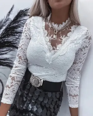 Deanwangkt - Crochet Lace Long Sleeve Sheer Mesh Top