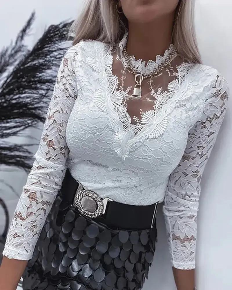 Deanwangkt - Crochet Lace Long Sleeve Sheer Mesh Top