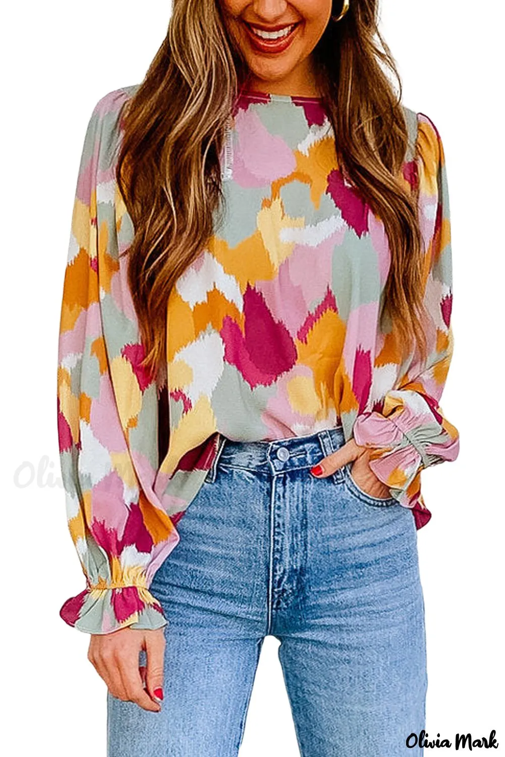 Deanwangkt - Multicolor Abstract Print Long Sleeve Blouse