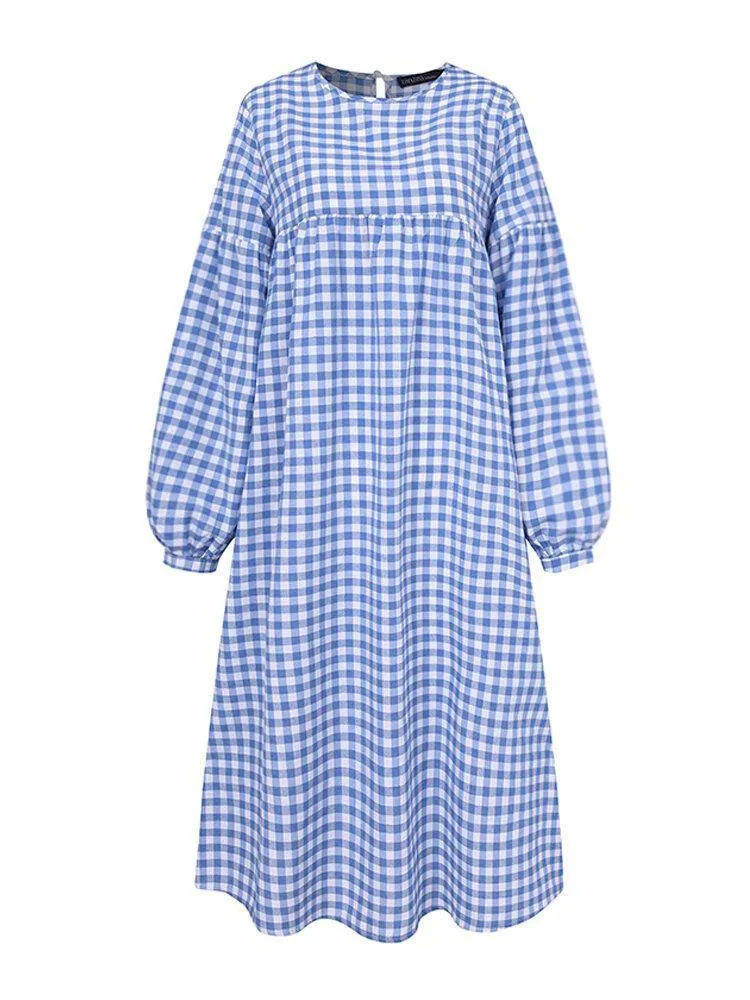 deanwangkt Women's Casual Plaid Midi Dress with Bohemian Puff Sleeves