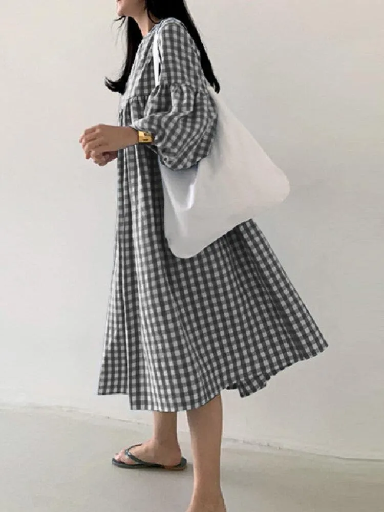 deanwangkt Women's Casual Plaid Midi Dress with Bohemian Puff Sleeves