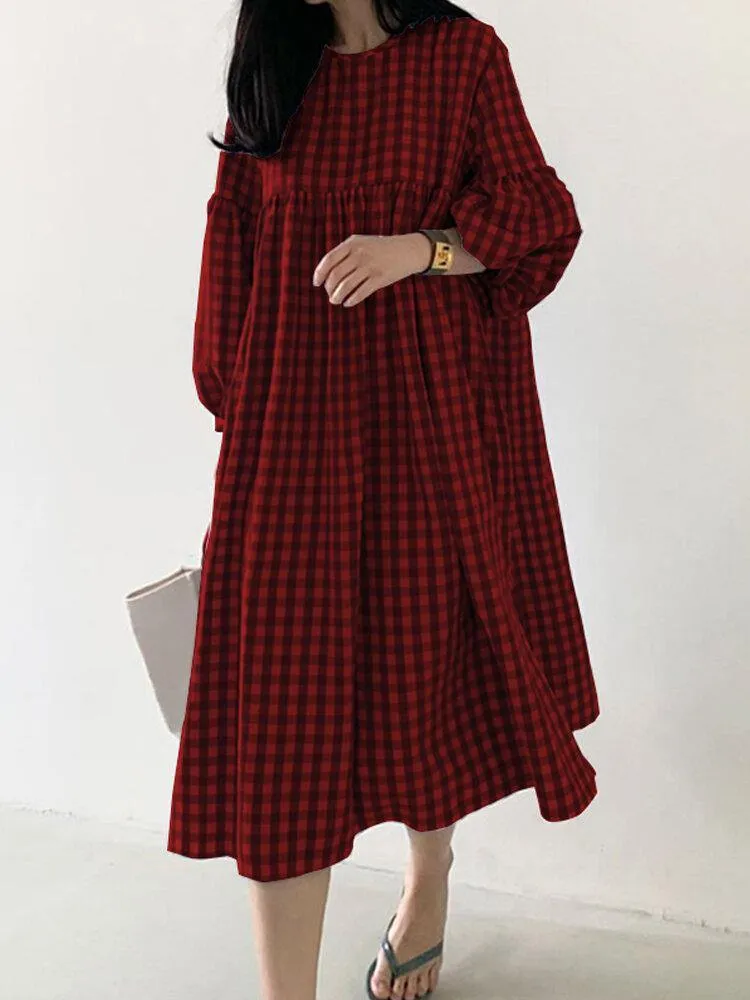 deanwangkt Women's Casual Plaid Midi Dress with Bohemian Puff Sleeves