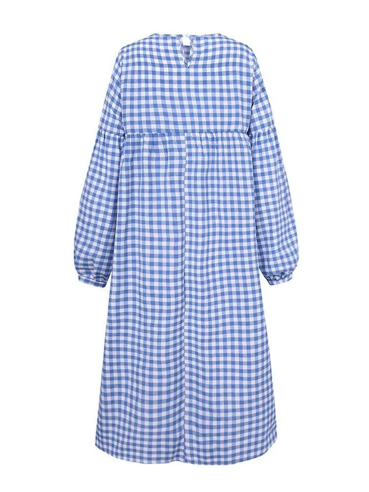 deanwangkt Women's Casual Plaid Midi Dress with Bohemian Puff Sleeves