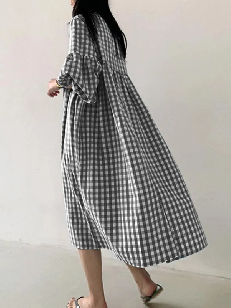 deanwangkt Women's Casual Plaid Midi Dress with Bohemian Puff Sleeves