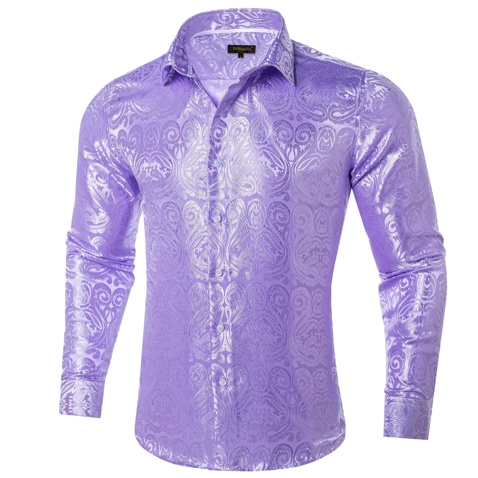 DiBanGu Shirt for Men Bright Lavender Purple Paisley Silk Button Up Long Sleeve Shirt