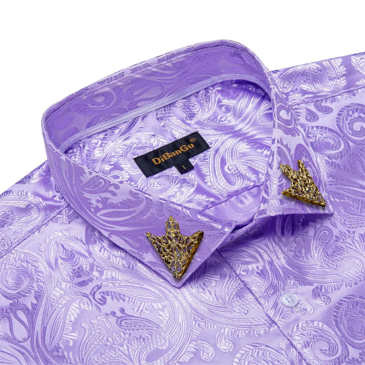 DiBanGu Shirt for Men Bright Lavender Purple Paisley Silk Button Up Long Sleeve Shirt