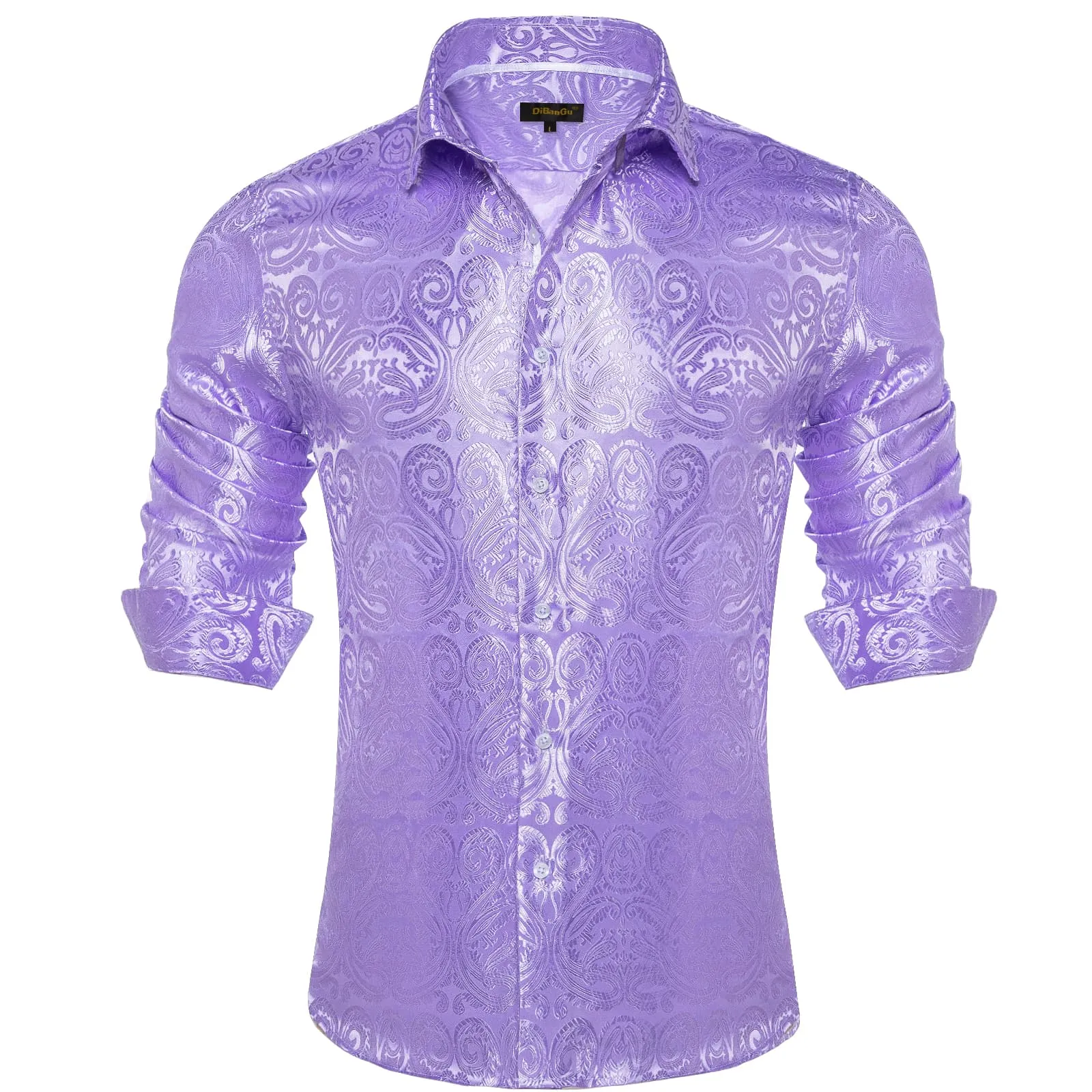 DiBanGu Shirt for Men Bright Lavender Purple Paisley Silk Button Up Long Sleeve Shirt