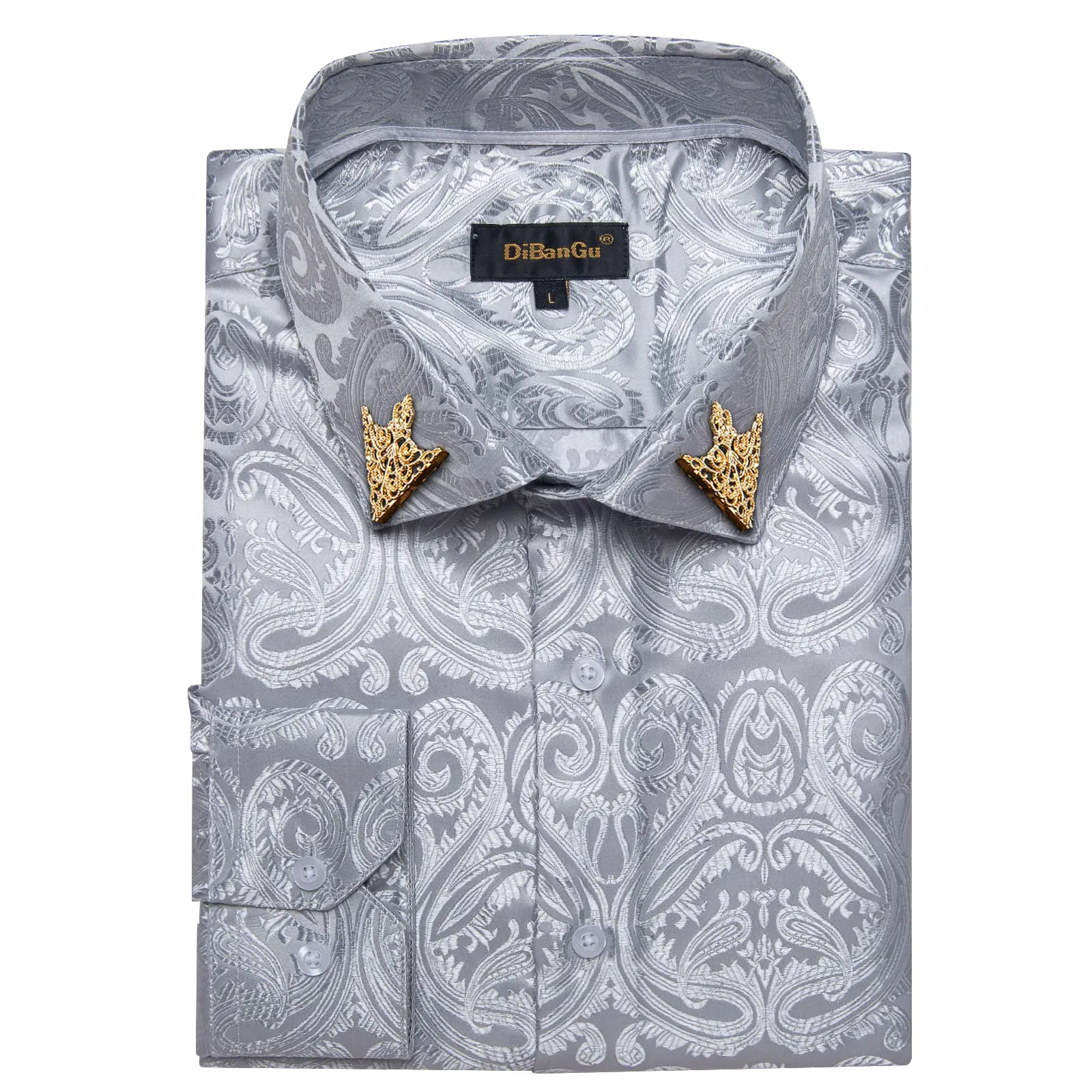 DiBanGu Shirt for Men Manatee Grey Paisley Long Sleeve Silk Button Up Dress Work Shirt