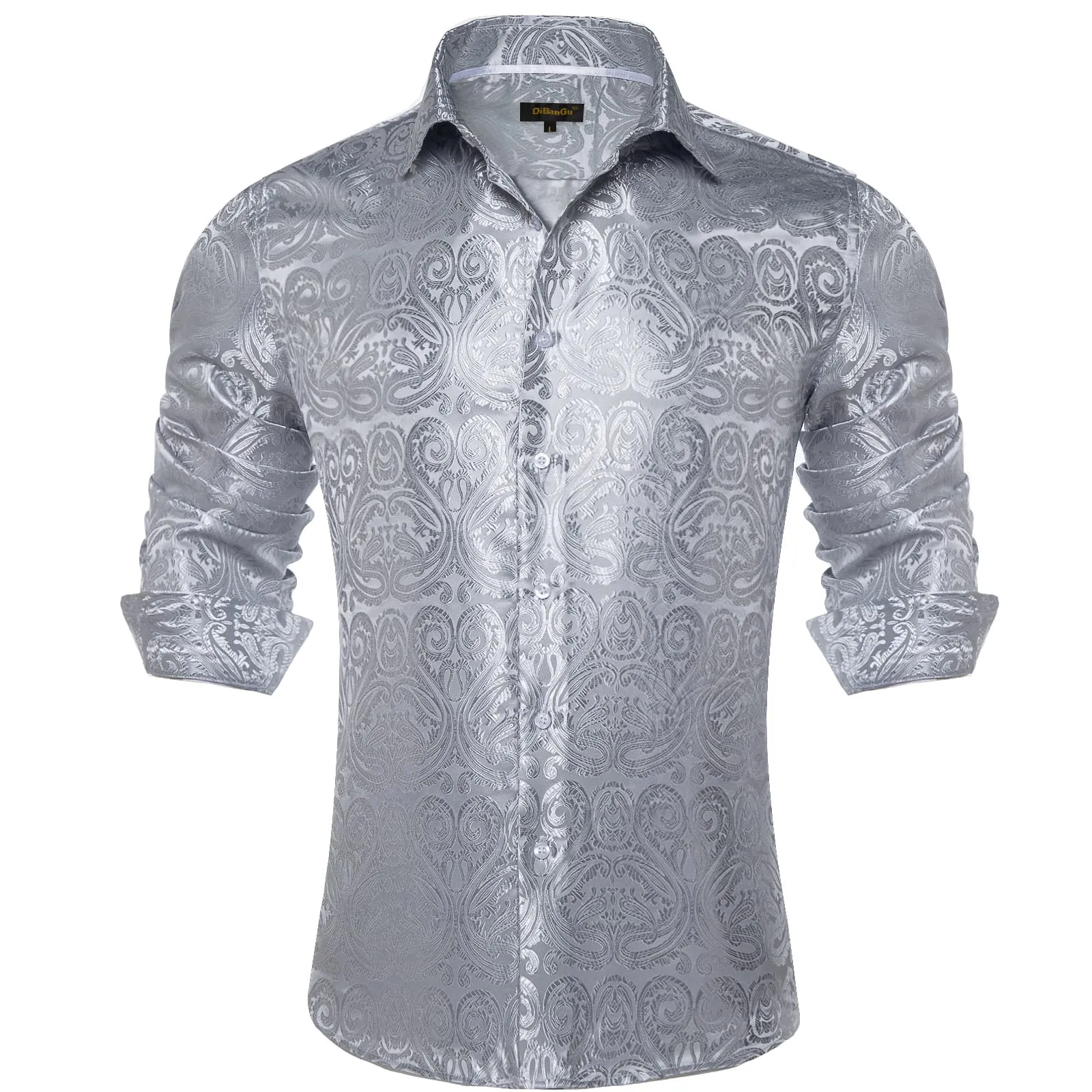 DiBanGu Shirt for Men Manatee Grey Paisley Long Sleeve Silk Button Up Dress Work Shirt